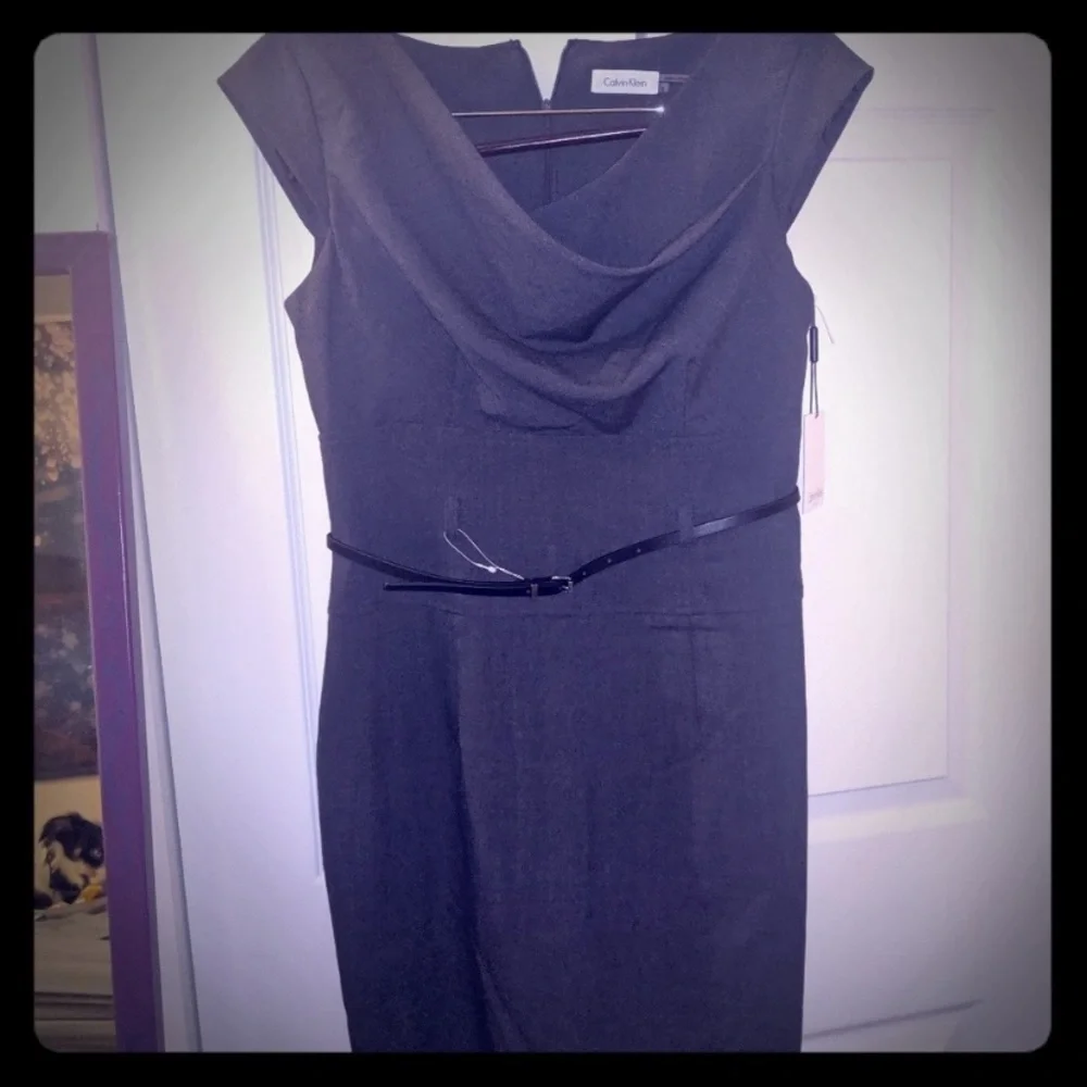 Brand New Calvin Klein Sheath Dress in Charcoal Gray w/Logo Belt - Picture 7 of 7